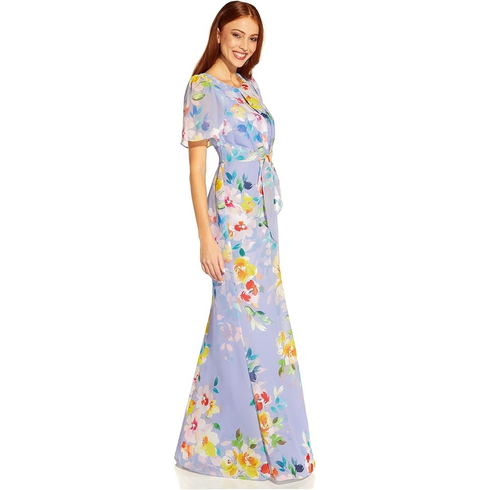 Adrianna Papell Womens 8 Maxi Dress Blue Floral Flutter Sleeve Tie‎ Back Formal